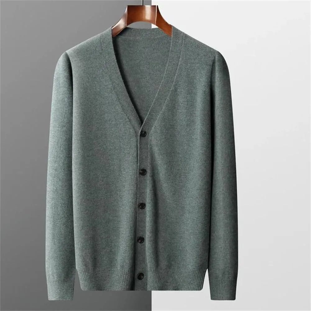 100% Merino Wool V Neck Sweater Coat Men's Solid Color Business Casual Cardigans Button Jumper