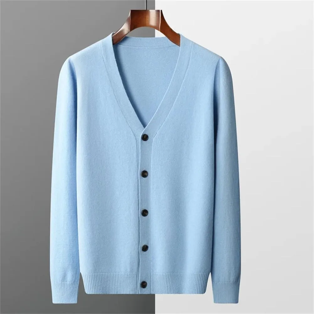 100% Merino Wool V Neck Sweater Coat Men's Solid Color Business Casual Cardigans Button Jumper