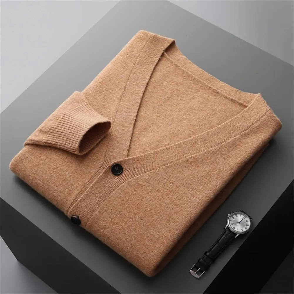 100% Merino Wool V Neck Sweater Coat Men's Solid Color Business Casual Cardigans Button Jumper
