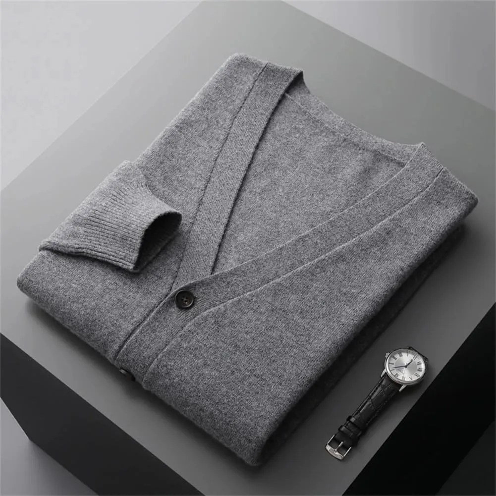 100% Merino Wool V Neck Sweater Coat Men's Solid Color Business Casual Cardigans Button Jumper
