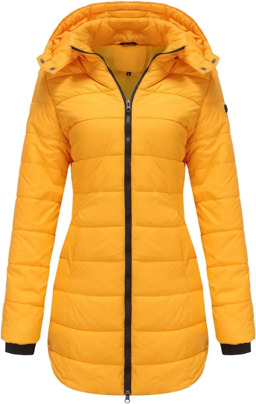 2023 Womens Packable Puffer Coat Trendy Windproof Lightweight Down Jacket Winter Warm Long Puffer Coat with Detachable Hood