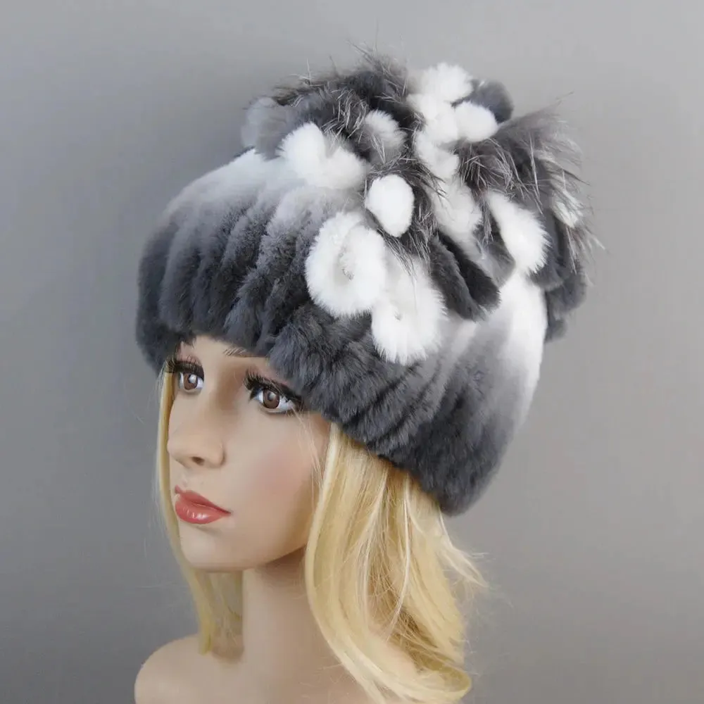 2024 Brand Women Genuine Rex Rabbit Fur Hats Winter Rex Rabbit Fur Beanies Striped Top Flower Fox Fur Warm Real Fur Knit Caps
