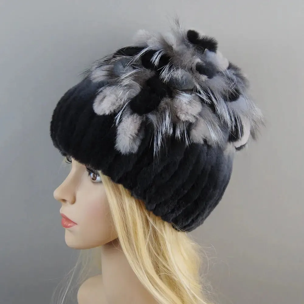 2024 Brand Women Genuine Rex Rabbit Fur Hats Winter Rex Rabbit Fur Beanies Striped Top Flower Fox Fur Warm Real Fur Knit Caps