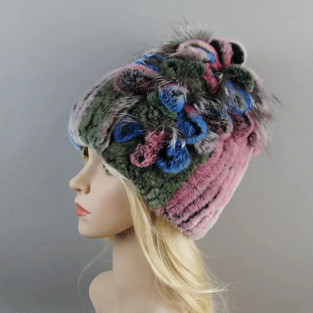 2024 Brand Women Genuine Rex Rabbit Fur Hats Winter Rex Rabbit Fur Beanies Striped Top Flower Fox Fur Warm Real Fur Knit Caps