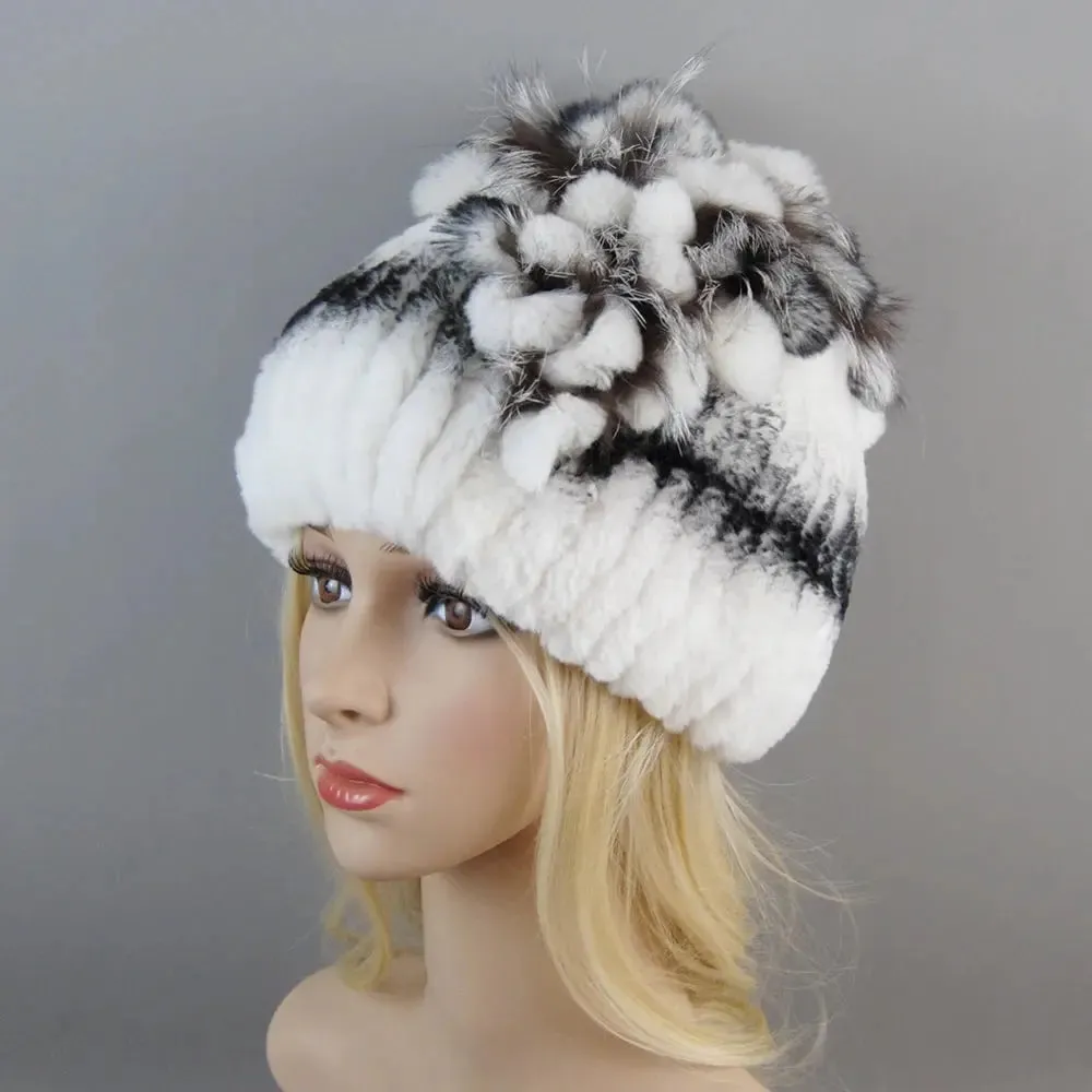 2024 Brand Women Genuine Rex Rabbit Fur Hats Winter Rex Rabbit Fur Beanies Striped Top Flower Fox Fur Warm Real Fur Knit Caps