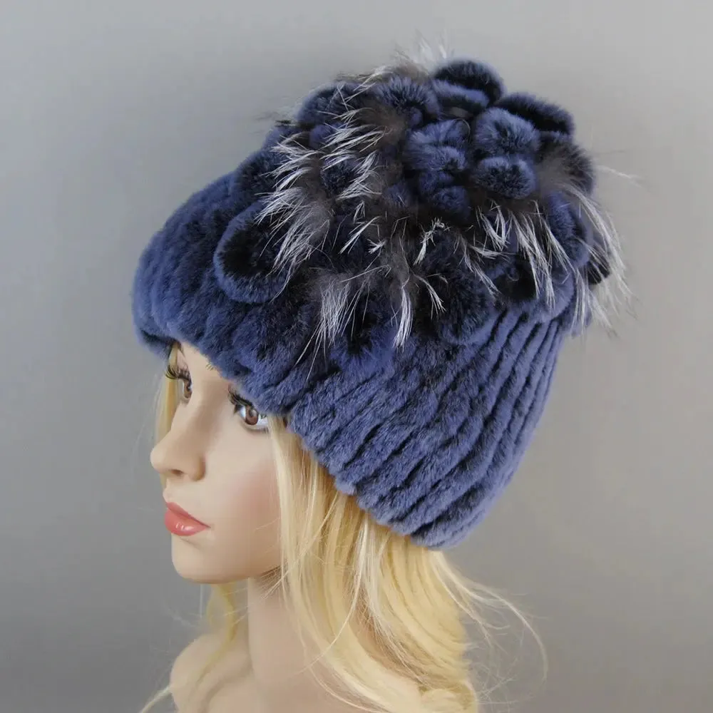 2024 Brand Women Genuine Rex Rabbit Fur Hats Winter Rex Rabbit Fur Beanies Striped Top Flower Fox Fur Warm Real Fur Knit Caps