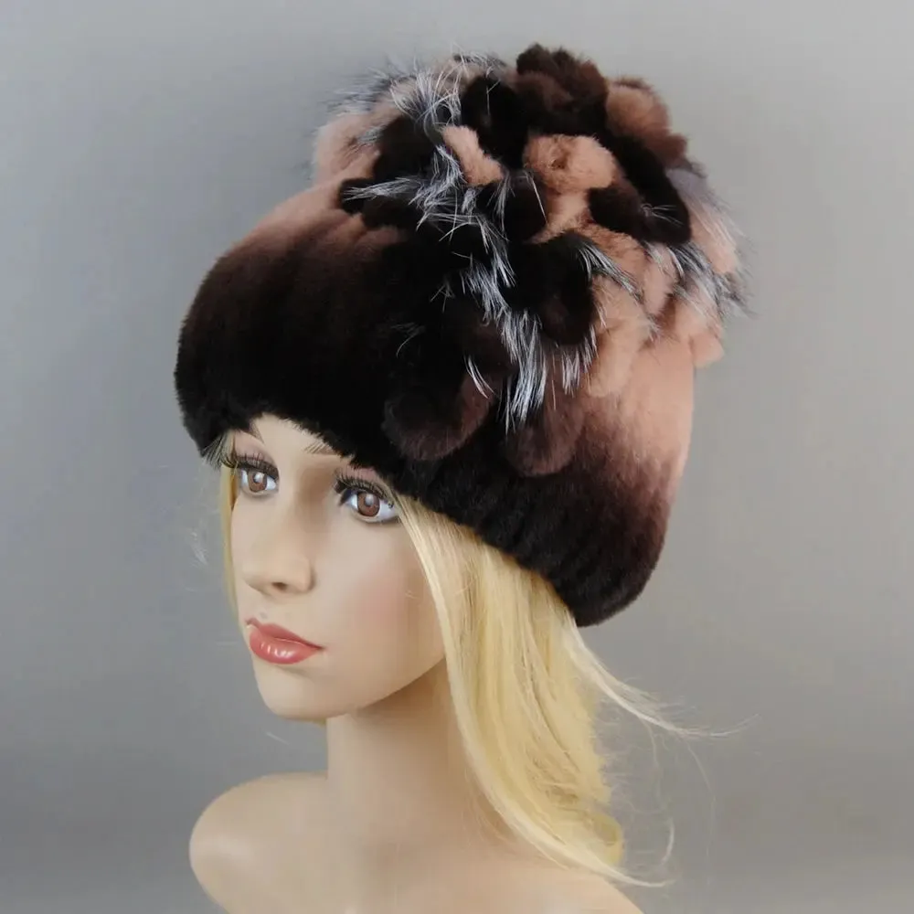 2024 Brand Women Genuine Rex Rabbit Fur Hats Winter Rex Rabbit Fur Beanies Striped Top Flower Fox Fur Warm Real Fur Knit Caps