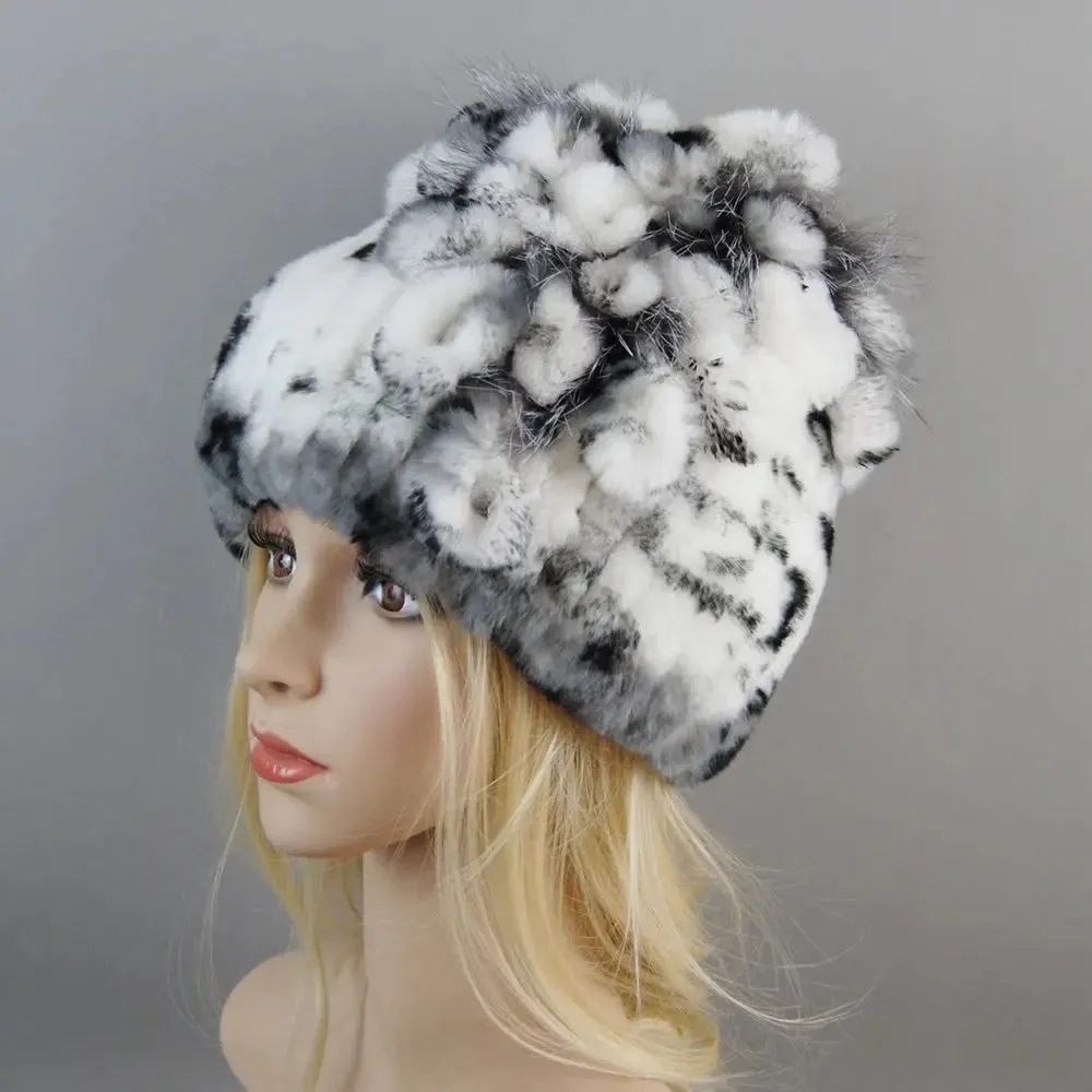 2024 Brand Women Genuine Rex Rabbit Fur Hats Winter Rex Rabbit Fur Beanies Striped Top Flower Fox Fur Warm Real Fur Knit Caps