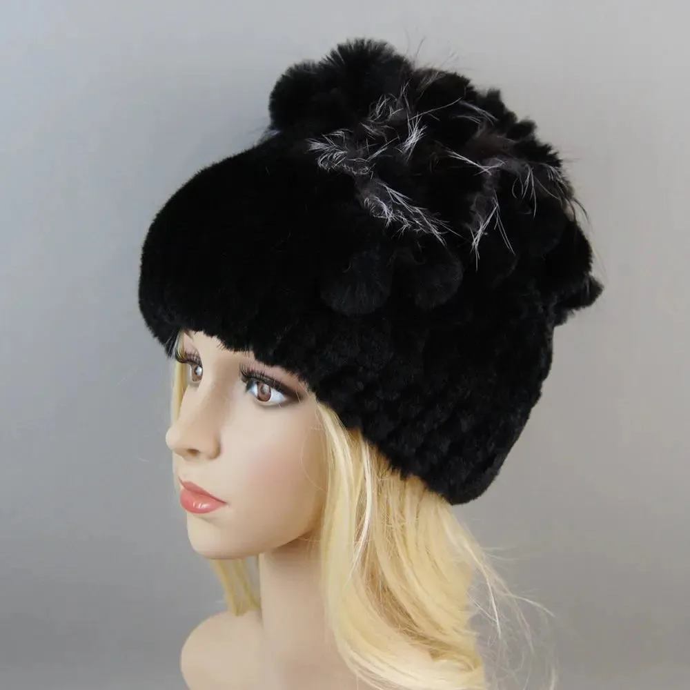 2024 Brand Women Genuine Rex Rabbit Fur Hats Winter Rex Rabbit Fur Beanies Striped Top Flower Fox Fur Warm Real Fur Knit Caps