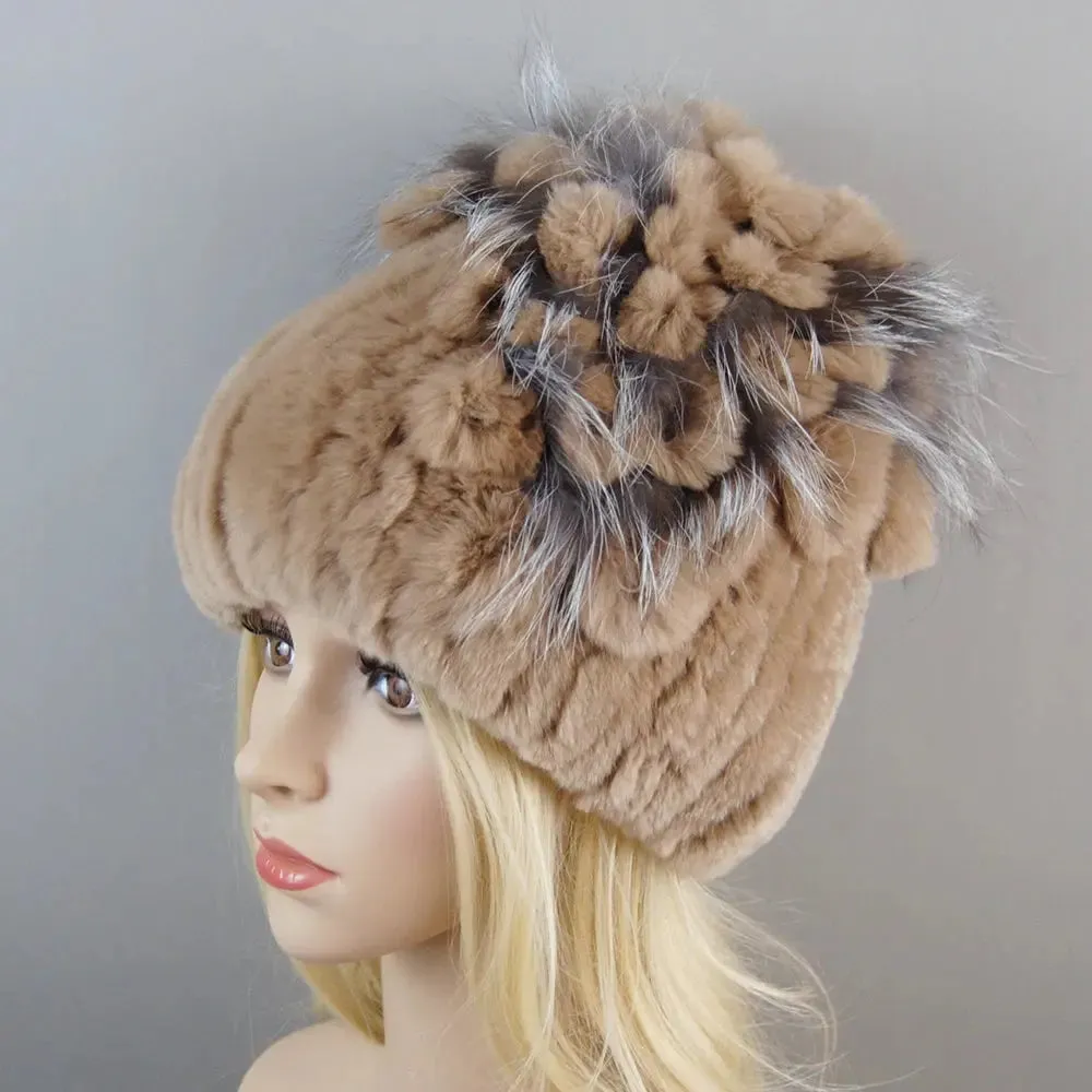2024 Brand Women Genuine Rex Rabbit Fur Hats Winter Rex Rabbit Fur Beanies Striped Top Flower Fox Fur Warm Real Fur Knit Caps
