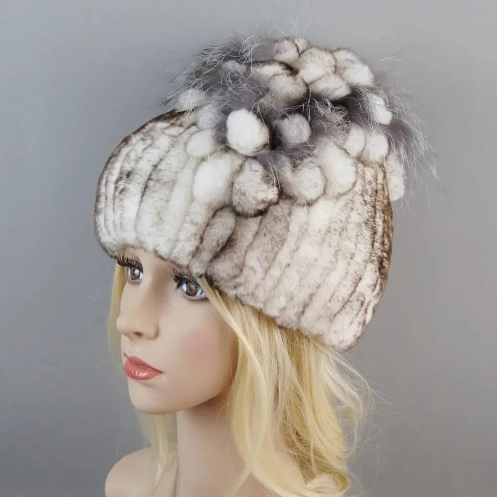 2024 Brand Women Genuine Rex Rabbit Fur Hats Winter Rex Rabbit Fur Beanies Striped Top Flower Fox Fur Warm Real Fur Knit Caps