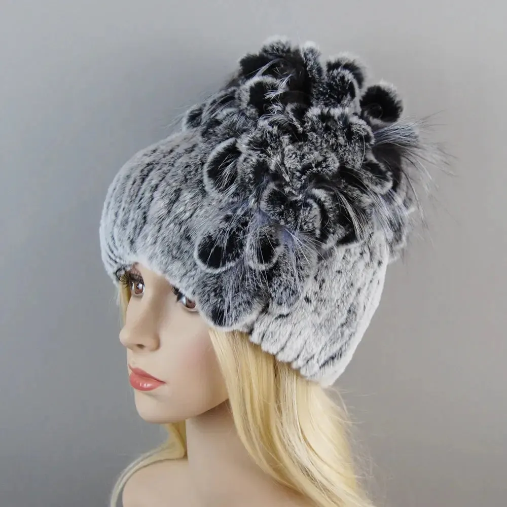 2024 Brand Women Genuine Rex Rabbit Fur Hats Winter Rex Rabbit Fur Beanies Striped Top Flower Fox Fur Warm Real Fur Knit Caps