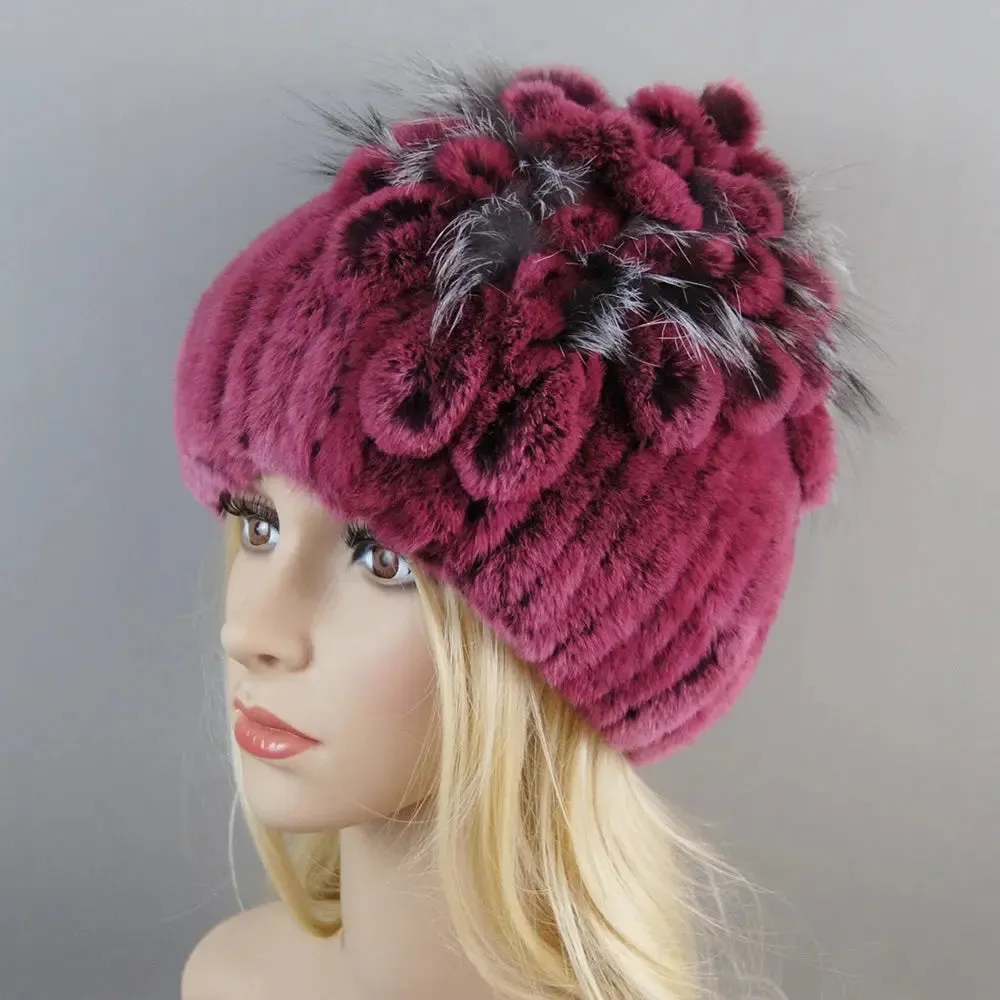 2024 Brand Women Genuine Rex Rabbit Fur Hats Winter Rex Rabbit Fur Beanies Striped Top Flower Fox Fur Warm Real Fur Knit Caps