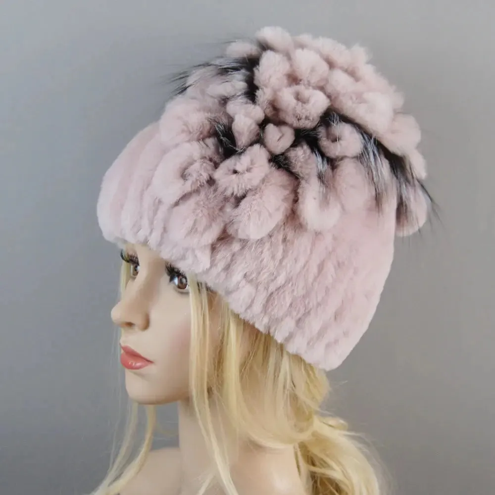 2024 Brand Women Genuine Rex Rabbit Fur Hats Winter Rex Rabbit Fur Beanies Striped Top Flower Fox Fur Warm Real Fur Knit Caps
