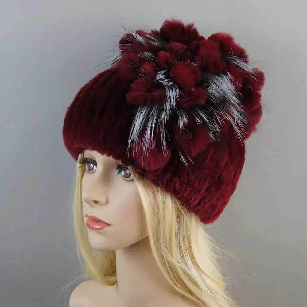 2024 Brand Women Genuine Rex Rabbit Fur Hats Winter Rex Rabbit Fur Beanies Striped Top Flower Fox Fur Warm Real Fur Knit Caps