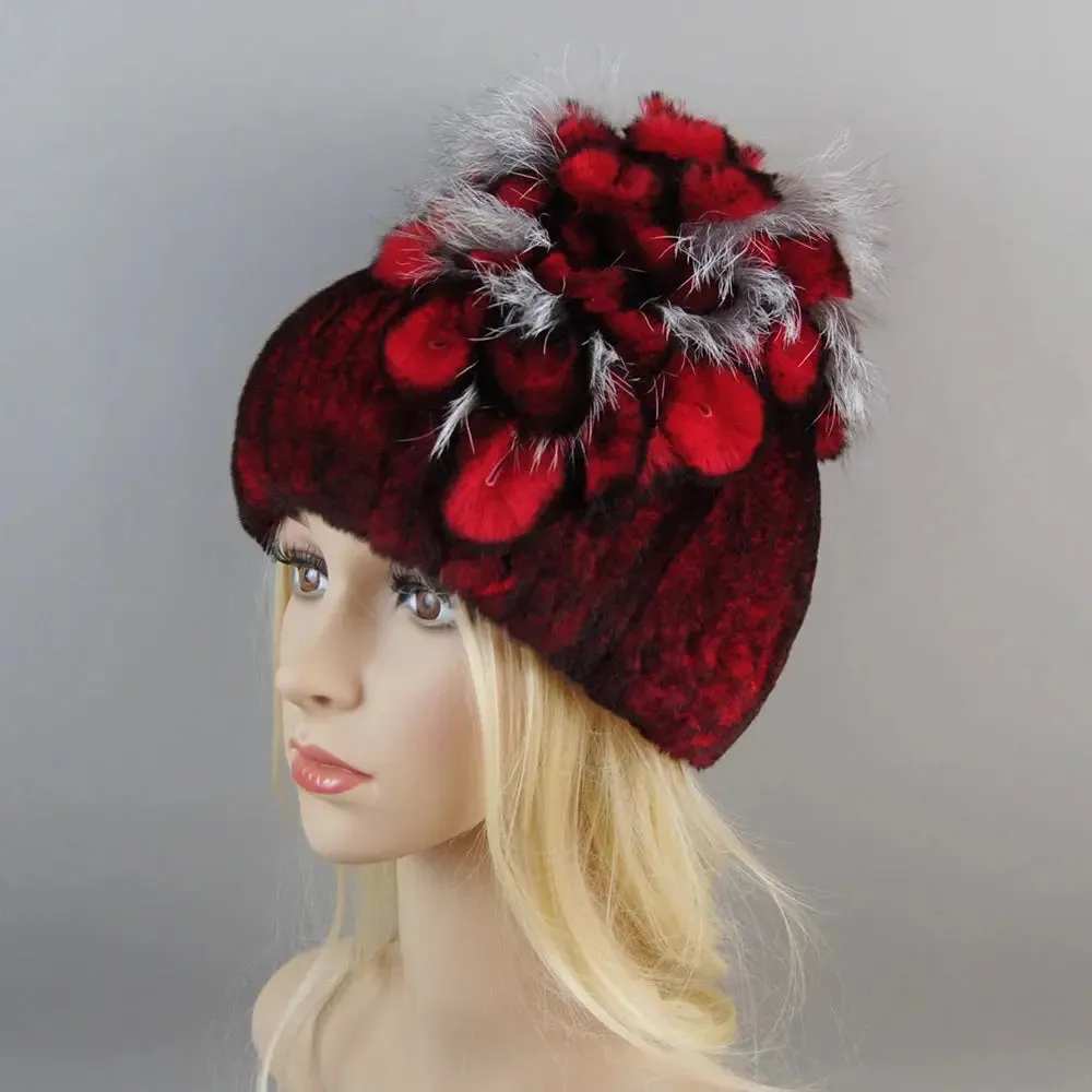 2024 Brand Women Genuine Rex Rabbit Fur Hats Winter Rex Rabbit Fur Beanies Striped Top Flower Fox Fur Warm Real Fur Knit Caps