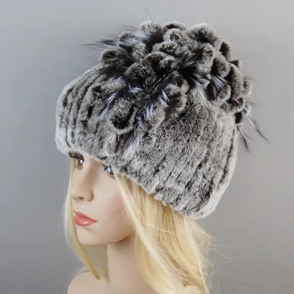 2024 Brand Women Genuine Rex Rabbit Fur Hats Winter Rex Rabbit Fur Beanies Striped Top Flower Fox Fur Warm Real Fur Knit Caps