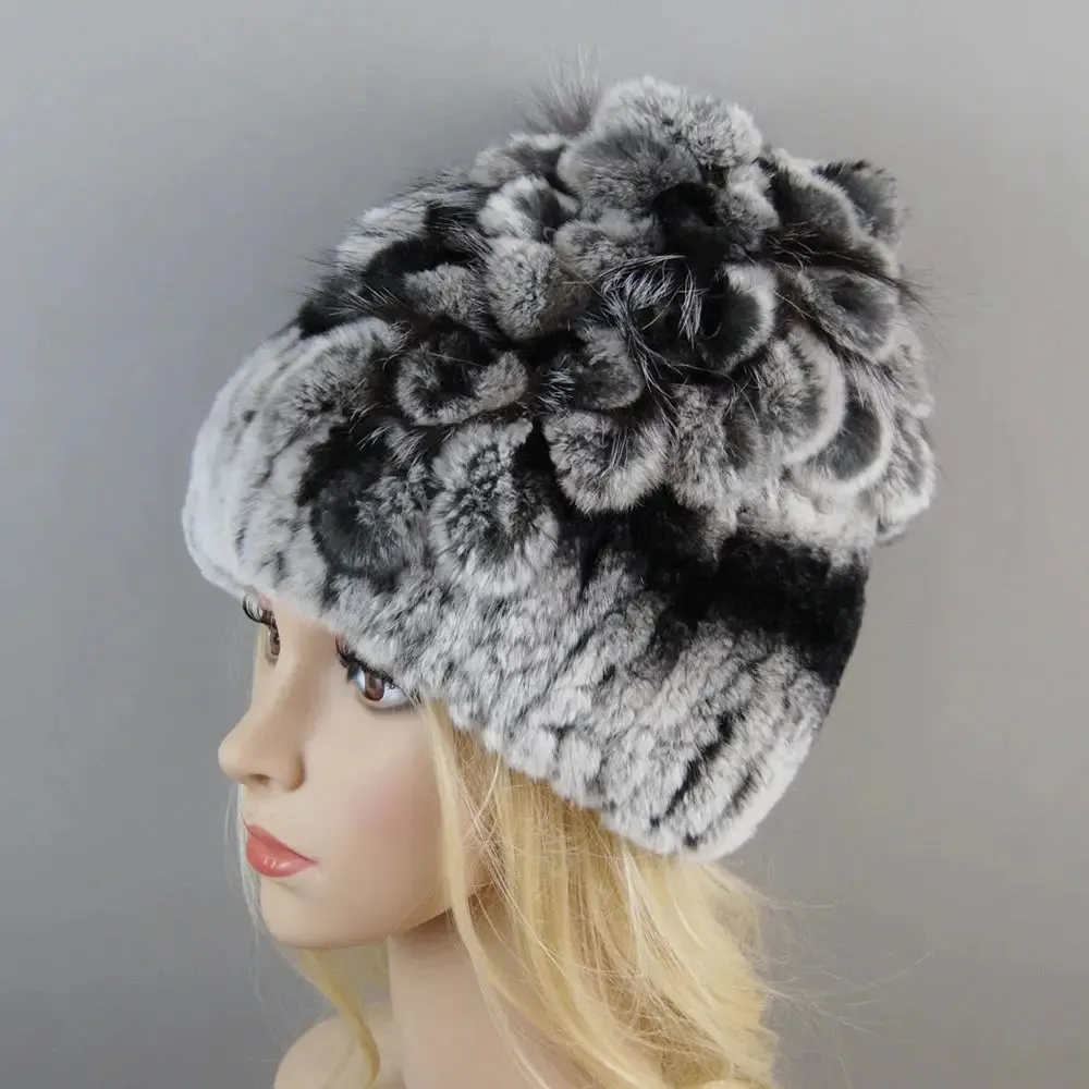 2024 Brand Women Genuine Rex Rabbit Fur Hats Winter Rex Rabbit Fur Beanies Striped Top Flower Fox Fur Warm Real Fur Knit Caps