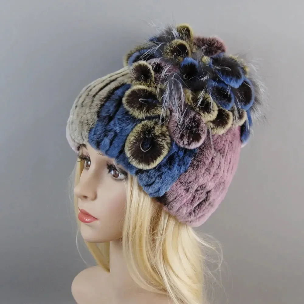 2024 Brand Women Genuine Rex Rabbit Fur Hats Winter Rex Rabbit Fur Beanies Striped Top Flower Fox Fur Warm Real Fur Knit Caps