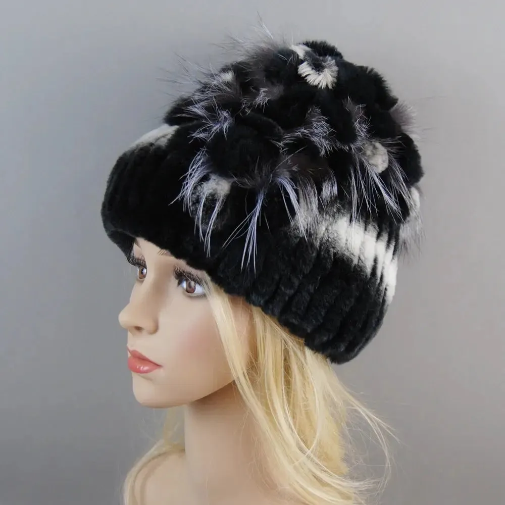 2024 Brand Women Genuine Rex Rabbit Fur Hats Winter Rex Rabbit Fur Beanies Striped Top Flower Fox Fur Warm Real Fur Knit Caps