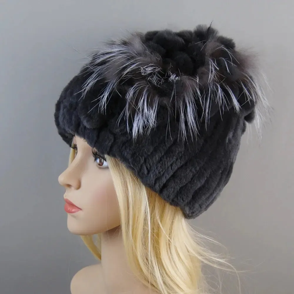 2024 Brand Women Genuine Rex Rabbit Fur Hats Winter Rex Rabbit Fur Beanies Striped Top Flower Fox Fur Warm Real Fur Knit Caps