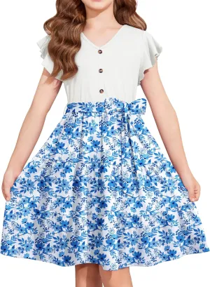 Arshiner Girls Dress Short Sleeve Summer V Neck Button Removable Belt Dresses with Pockets 5-12 Y