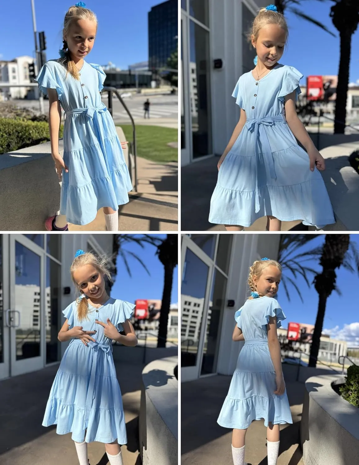 Arshiner Girls Dress Short Sleeve Summer V Neck Button Removable Belt Dresses with Pockets 5-12 Y