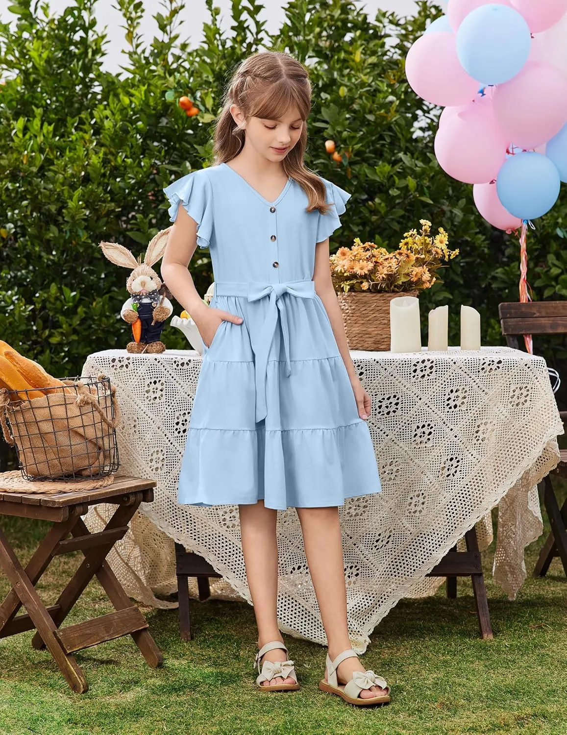 Arshiner Girls Dress Short Sleeve Summer V Neck Button Removable Belt Dresses with Pockets 5-12 Y