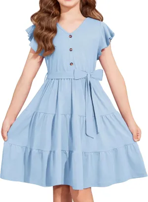 Arshiner Girls Dress Short Sleeve Summer V Neck Button Removable Belt Dresses with Pockets 5-12 Y