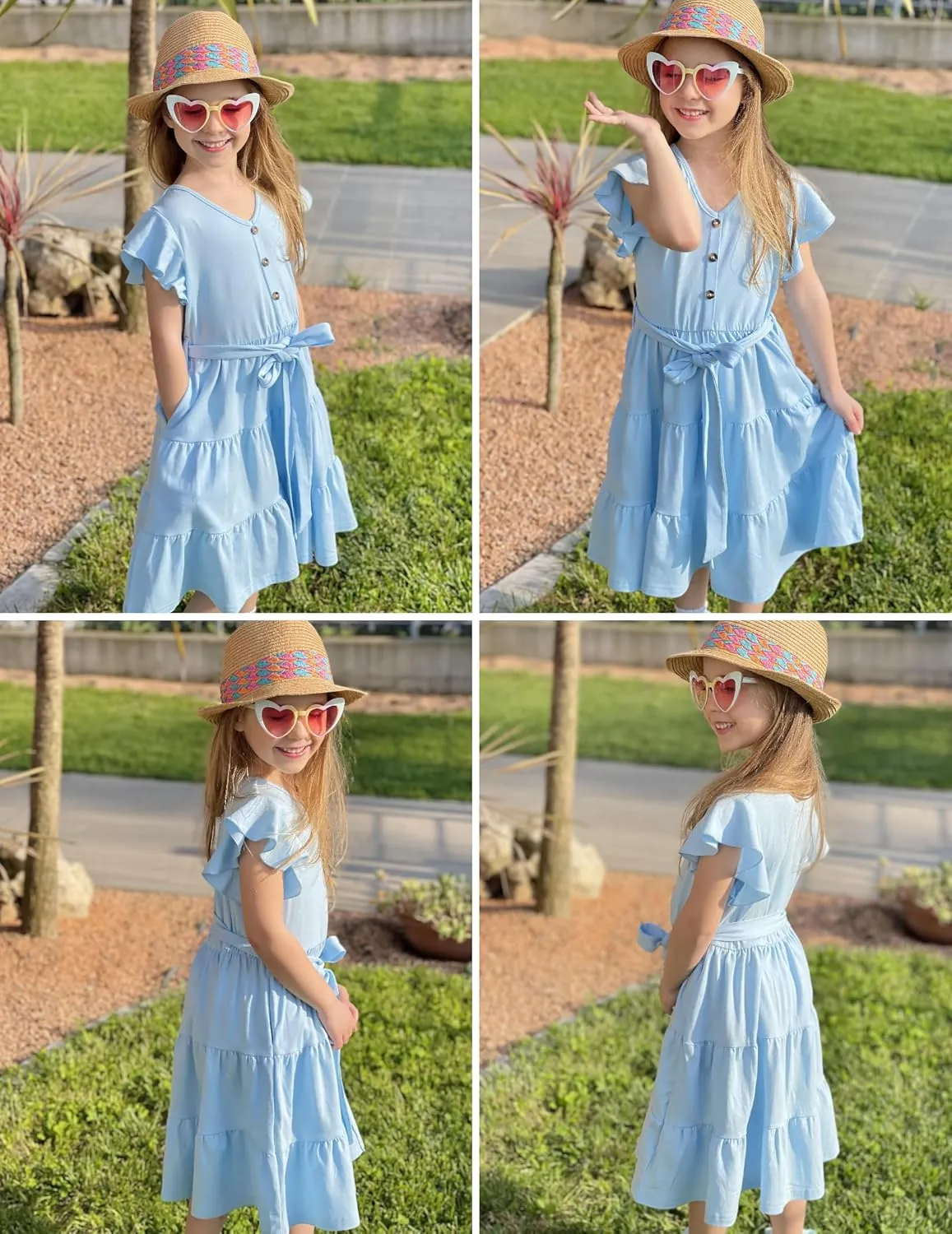 Arshiner Girls Dress Short Sleeve Summer V Neck Button Removable Belt Dresses with Pockets 5-12 Y