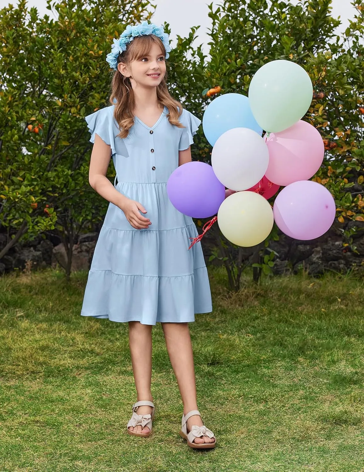 Arshiner Girls Dress Short Sleeve Summer V Neck Button Removable Belt Dresses with Pockets 5-12 Y