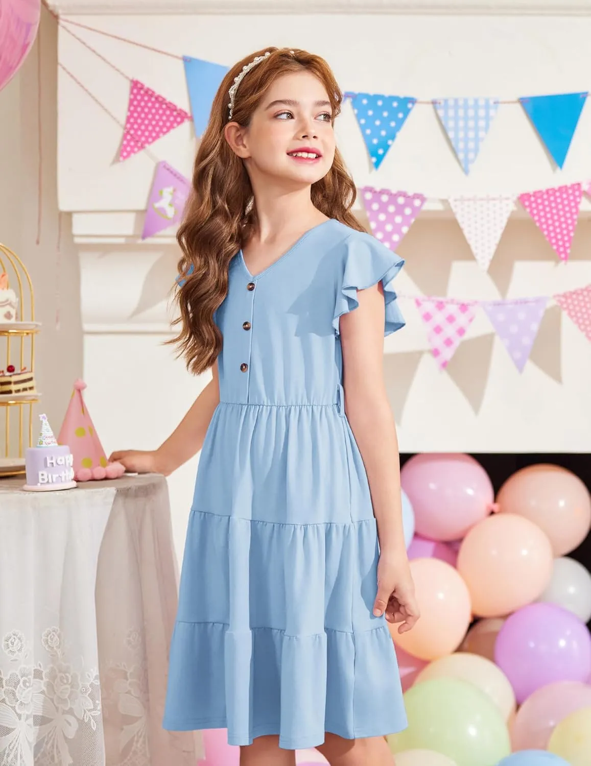 Arshiner Girls Dress Short Sleeve Summer V Neck Button Removable Belt Dresses with Pockets 5-12 Y