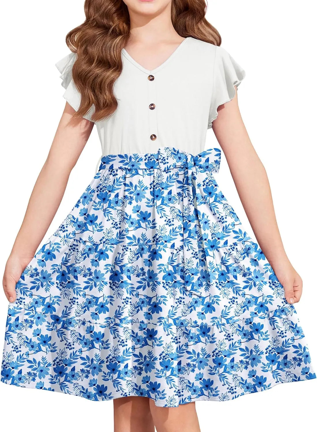 Arshiner Girls Dress Short Sleeve Summer V Neck Button Removable Belt Dresses with Pockets 5-12 Y