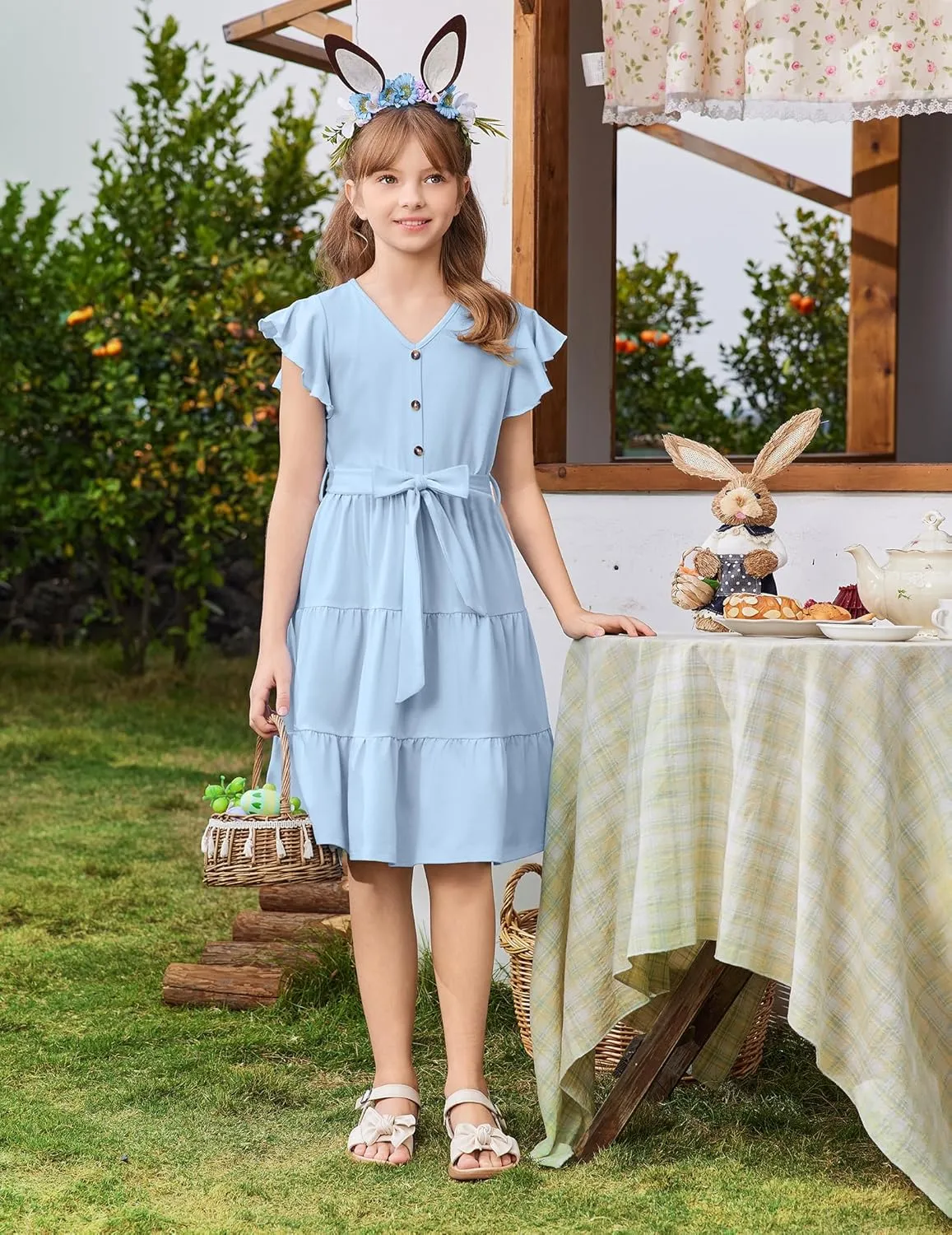 Arshiner Girls Dress Short Sleeve Summer V Neck Button Removable Belt Dresses with Pockets 5-12 Y