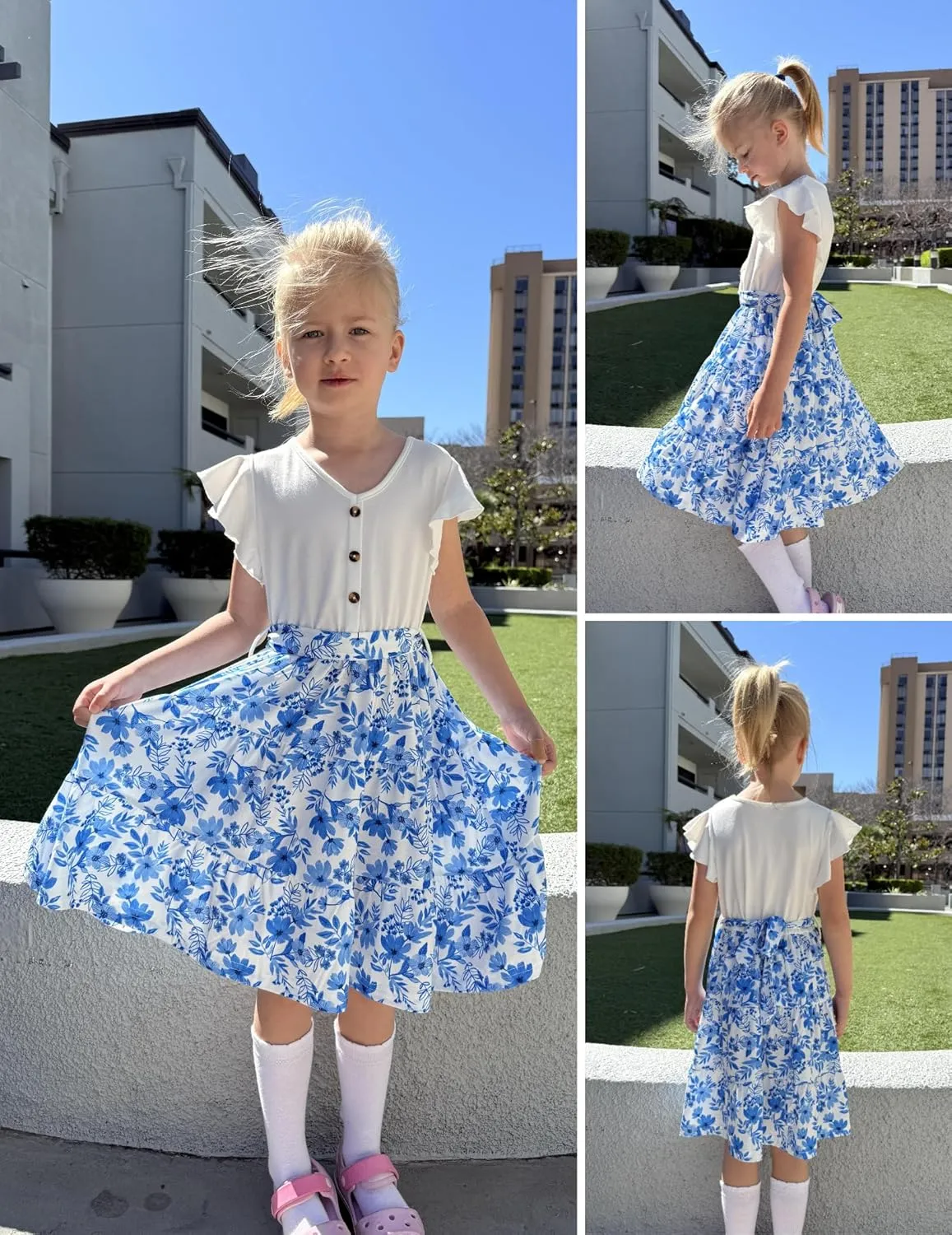 Arshiner Girls Dress Short Sleeve Summer V Neck Button Removable Belt Dresses with Pockets 5-12 Y