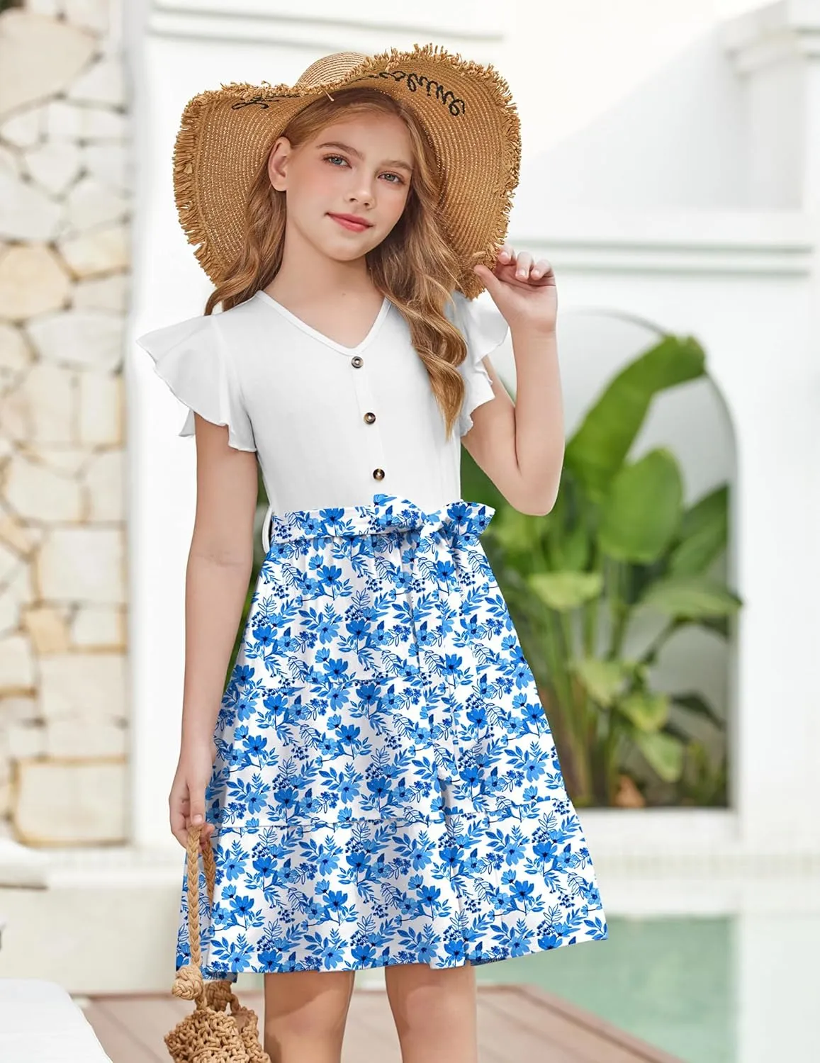 Arshiner Girls Dress Short Sleeve Summer V Neck Button Removable Belt Dresses with Pockets 5-12 Y