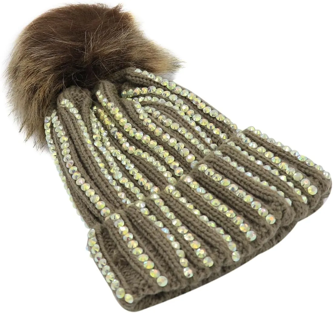 Baby Boys Girls Rhinestone Beanie Hat Knit Warm Winter Hat Faux Fur Pom Pom Cap for Toddlers