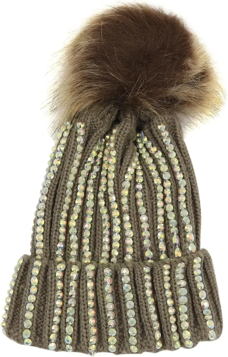 Baby Boys Girls Rhinestone Beanie Hat Knit Warm Winter Hat Faux Fur Pom Pom Cap for Toddlers