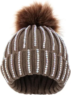 Baby Boys Girls Rhinestone Beanie Hat Knit Warm Winter Hat Faux Fur Pom Pom Cap for Toddlers