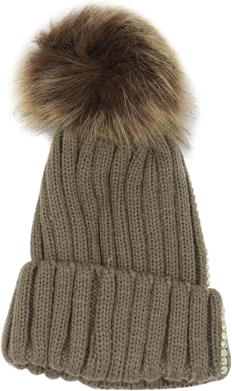 Baby Boys Girls Rhinestone Beanie Hat Knit Warm Winter Hat Faux Fur Pom Pom Cap for Toddlers