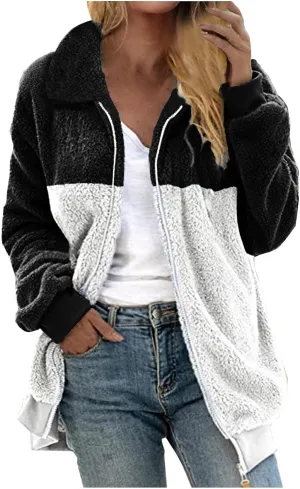 Fleece Jacket for Women Winter Warm Zip Up Stand Collar Coat Fluffy Sherpa Outerwear with Pockets