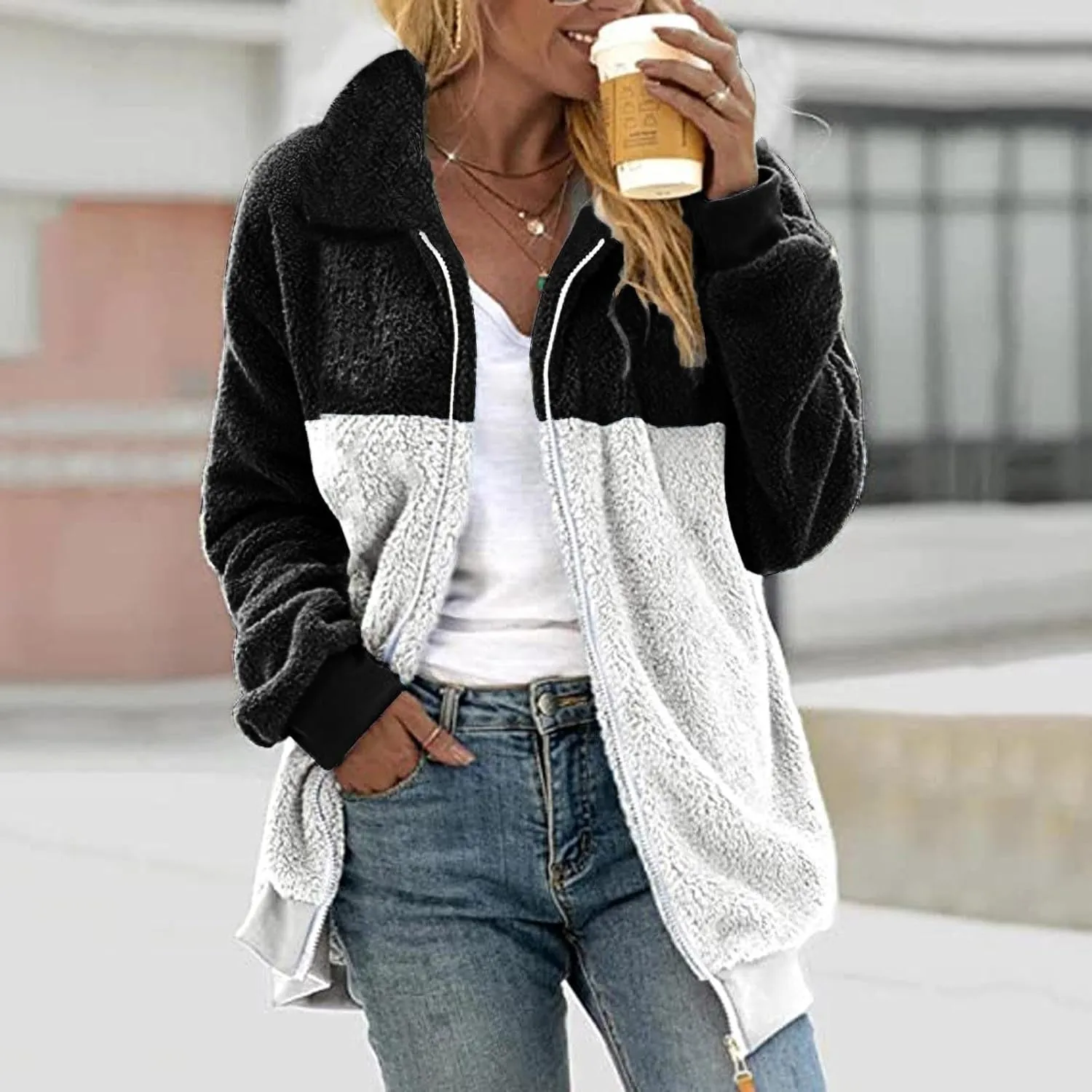 Fleece Jacket for Women Winter Warm Zip Up Stand Collar Coat Fluffy Sherpa Outerwear with Pockets