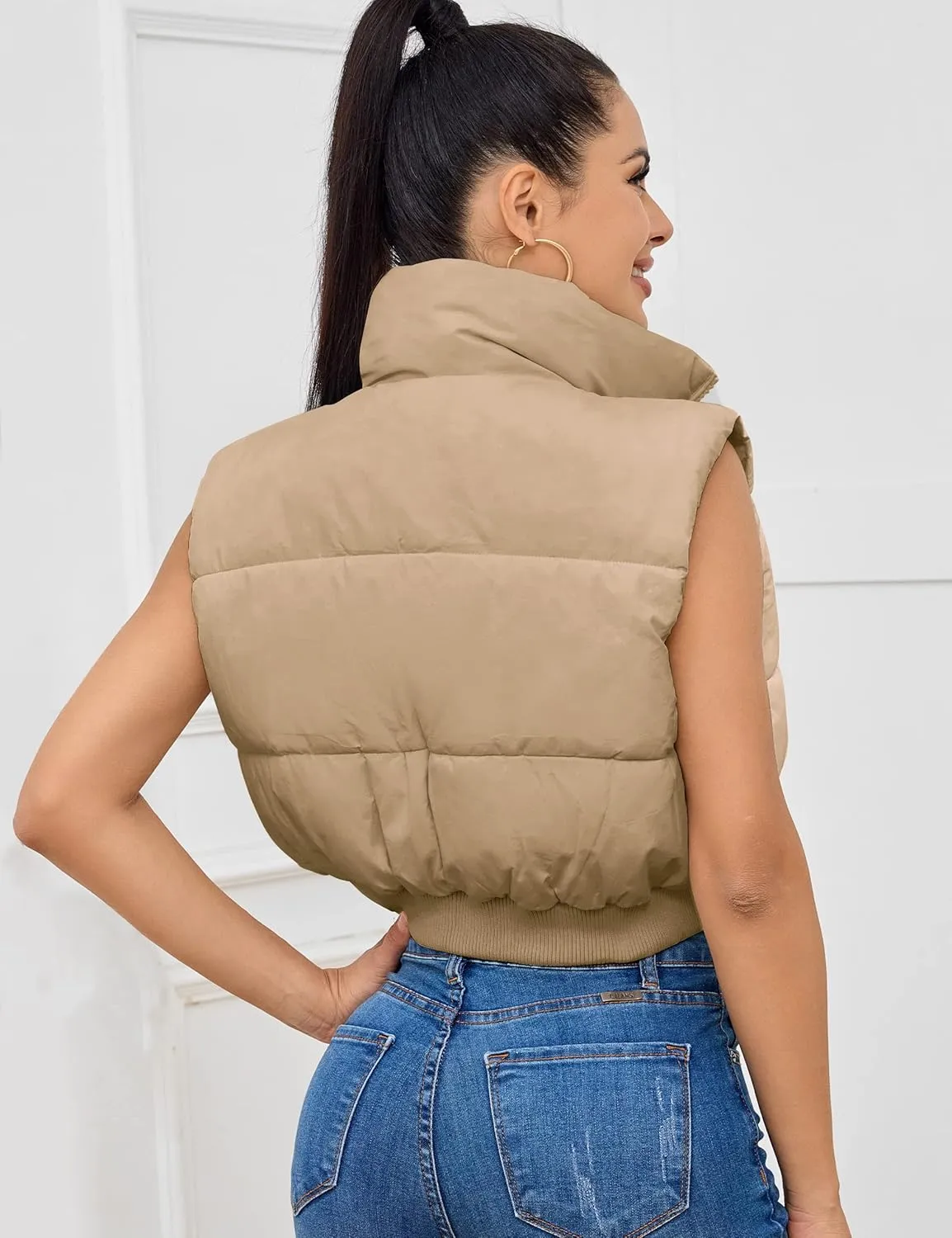 Flygo Women's Cropped Puffer Vest Zip Up Stand Collar Sleeveless Padded Bubble Vest