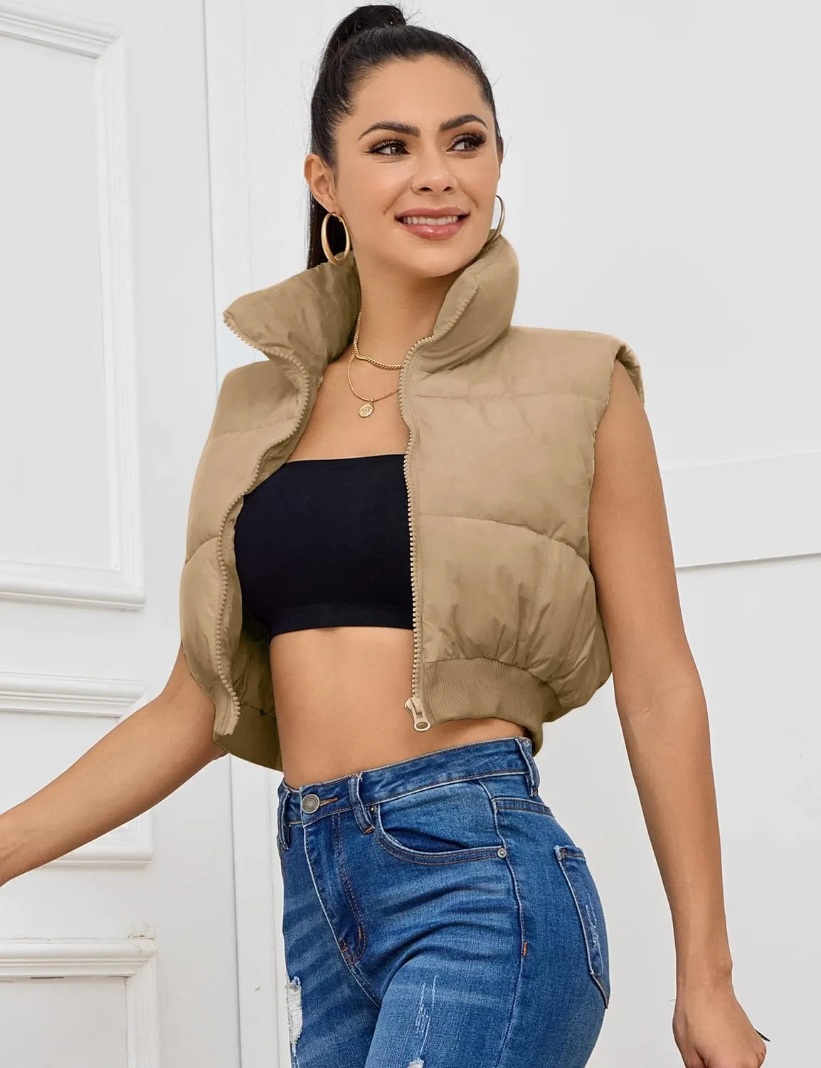 Flygo Women's Cropped Puffer Vest Zip Up Stand Collar Sleeveless Padded Bubble Vest