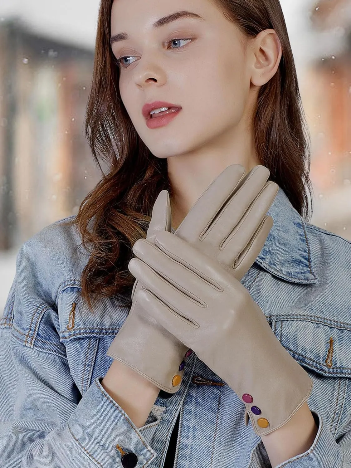 GSG Women Leather Gloves Genuine Sheepskin Leather Touchscreen Motorcycle Driving Lady Dress Gloves Fleece Lined