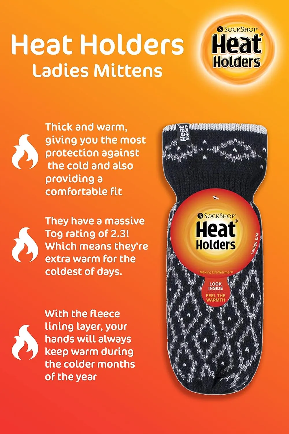 HEAT HOLDERS - Womens Warm Fleece Lined Thermal Cold Weather Knit Winter Mittens