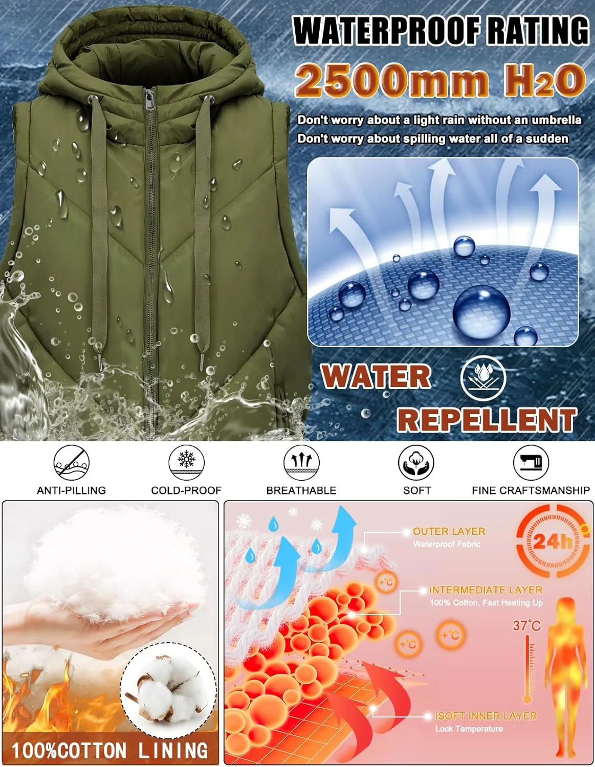 HEEKPEK Womens Long Puffer Vest Sleeveless Hooded Zip Up Puffy Jackets 2024 Quilted Winter Coats with Pockets Warm Outerwear
