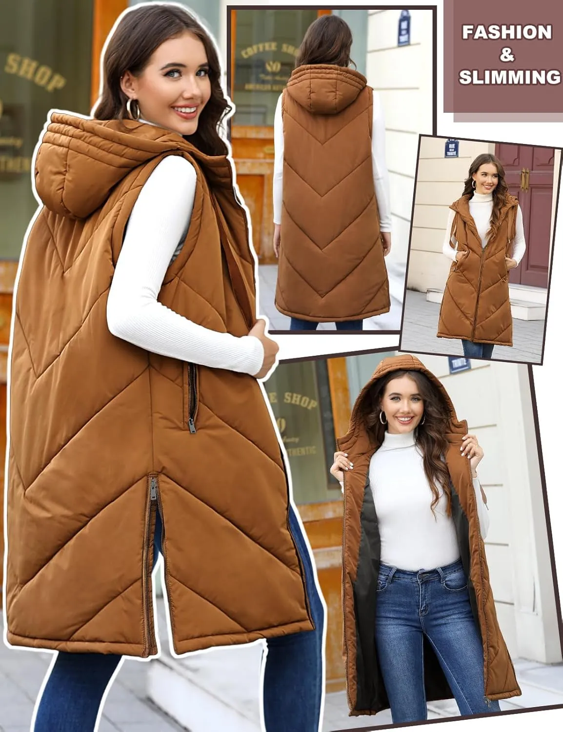 HEEKPEK Womens Long Puffer Vest Sleeveless Hooded Zip Up Puffy Jackets 2024 Quilted Winter Coats with Pockets Warm Outerwear