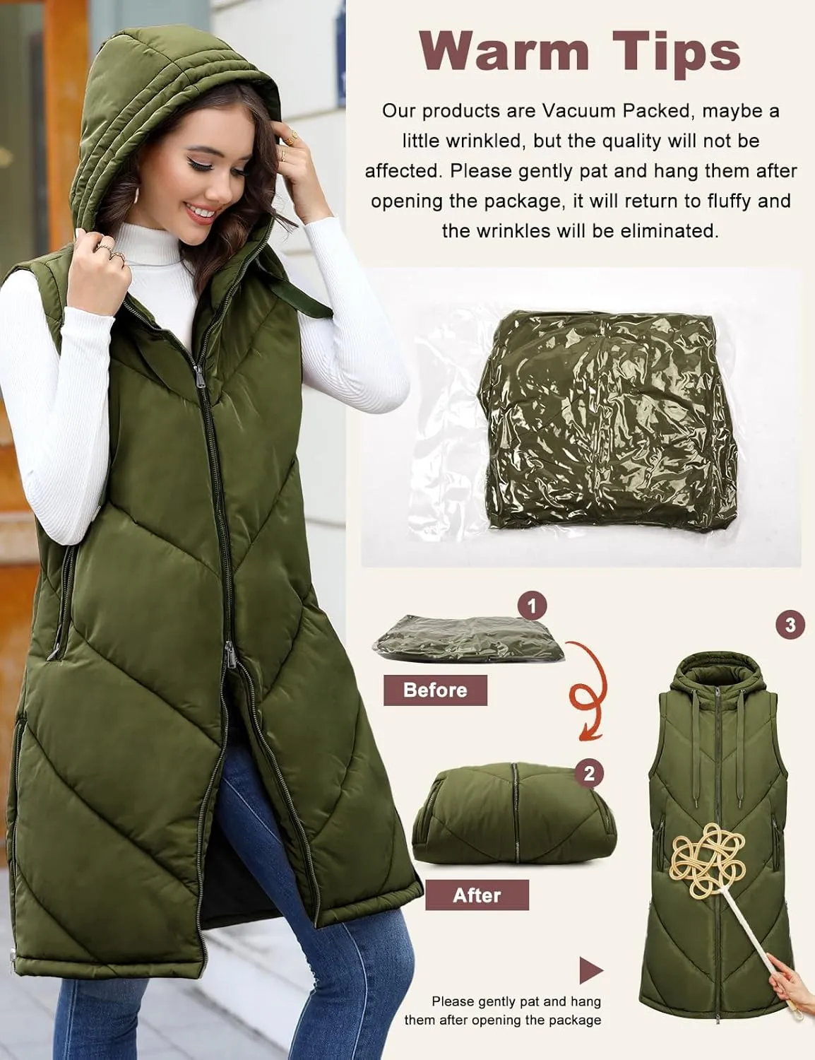 HEEKPEK Womens Long Puffer Vest Sleeveless Hooded Zip Up Puffy Jackets 2024 Quilted Winter Coats with Pockets Warm Outerwear