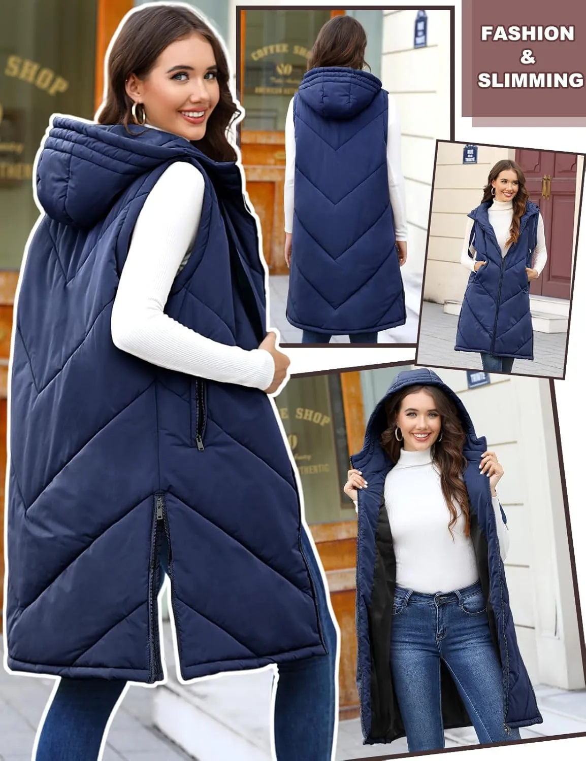 HEEKPEK Womens Long Puffer Vest Sleeveless Hooded Zip Up Puffy Jackets 2024 Quilted Winter Coats with Pockets Warm Outerwear